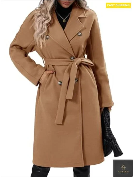Elegant Wool Pea Coat Double Breasted Mid-Long Winter Overcoat with Belt - Picture 3 of 7